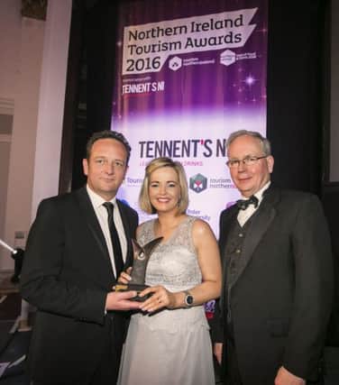 Paul Smyth, Lauren McAteer, Brendan Dowdall First Trust Bank, pictured at the NI Tourism Awards.