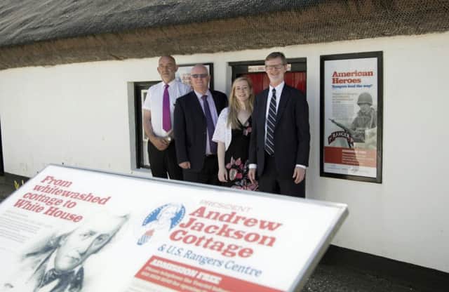 US Consul General Daniel Lawton (right) is welcomed to the Andrew Jackson Cottage by (from left) Graham Walton, tour guide, MEA Mayor, Councillor Billy Ashe and Shirin Murphy,  Museums officer. INCT 22-701-CON