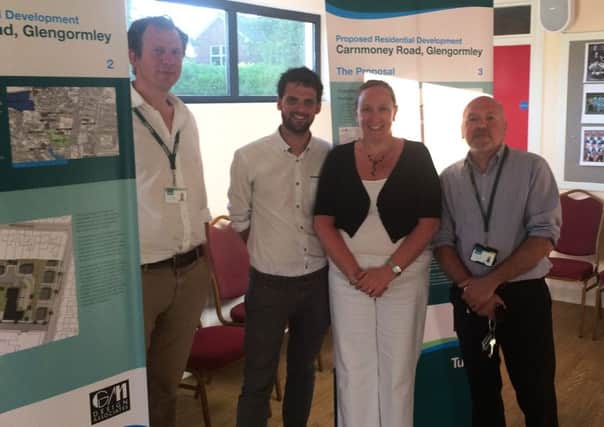 The Clanmil team - Development Officer James Wright, Community Development Manager Tim OMalley, Development Manager Jan Sloan and Community Cohesion Officer Gerard Rosato - at Glengormley Pavilion. INNT 23-512CON