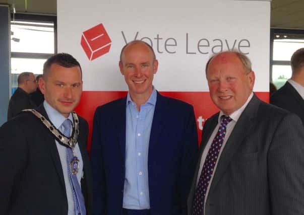Mid & East Antrim Deputy Mayor Timothy Gaston and Jim Allister MLA welcome Dan Hannon MEP to the Vote Leave event in Ballymena. (Submitted Picture)