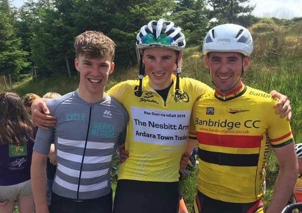 Banbridge cyclists Cameron McIntyre (left), James Curry (centre) and Matthew Adair in Donegal.