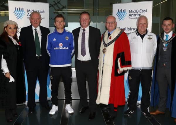 Northern Ireland manager Michael O'Neill, captain Steven Davis, IFA President Jim Shaw and Northern Ireland kit man Raymond Millar - all of whom have strong ties with the Ballymena area - pictured with Chief Executive Anne Donaghy, Mayor Billy Ashe and Deputy Mayor Cllr Timothy Gaston at a Mid and East Antrim Council function marking Northern Ireland's qualification for Eurp 2016 earlier this year.