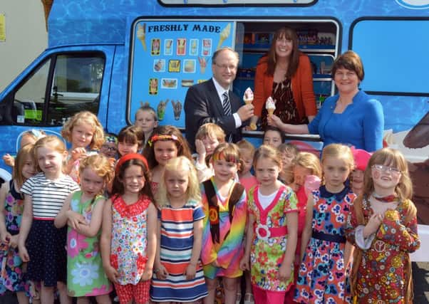 As a special treat for the visit of the First Minister, Arlene Foster and Education Minister, Peter Weir Birches Primary School pupils were allowed free ice cream which both ministers and the school principal Mrs Patricia Watson also availed of. INPT23-264.