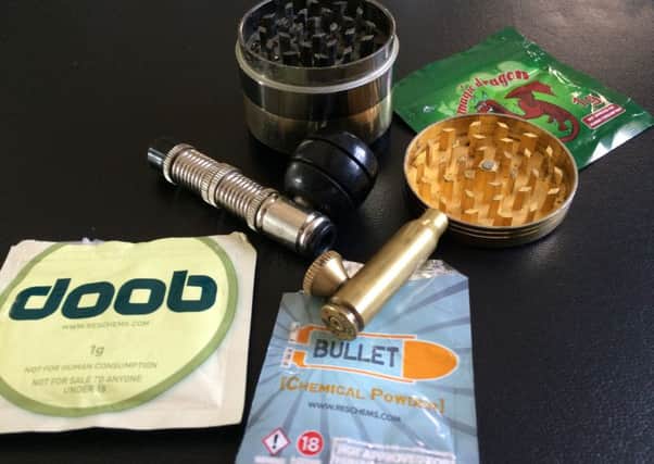 A seized bullet fashioned into a pipe and drugs formerly known as "legal highs," which are now being used by police to educate youngsters on the dangers of drug abuse. INLT-23-707-con