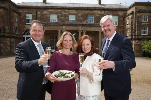 (L-R) Alistair Pollock, Business Development Manager, Phoenix Natural Gas, Sarah Waugh, Hillsborough International Oyster Festival committee member, Julienne Marie Curran, Ireland Corporate Sales Manager, Turkish Airlines, and Nigel Crawford, Executive Director, Quilter Cheviot celebrate toast the launch of the Hillsborough International Oyster Festival which will return on Tuesday 30th August to Sunday 4th September. Photo by Darren Kidd/Press Eye