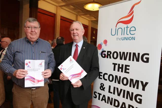 Jimmy Kelly, Ireland Secretary of Unite, right, and Liam Gallagher, Unite's Irish Regional Executive Chair pictured at the launch of his union's economic proposals document at Long Gallery, Stormont.