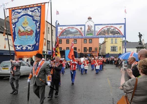 Quilly True Blues LOL 442 at the opening last year of Lower Iveagh District LOL No 1s new arch in Dromore. Many visiting bands and brethren will pass beneath it come July 12, when Dromore hosts its first demonstration in 16 years.