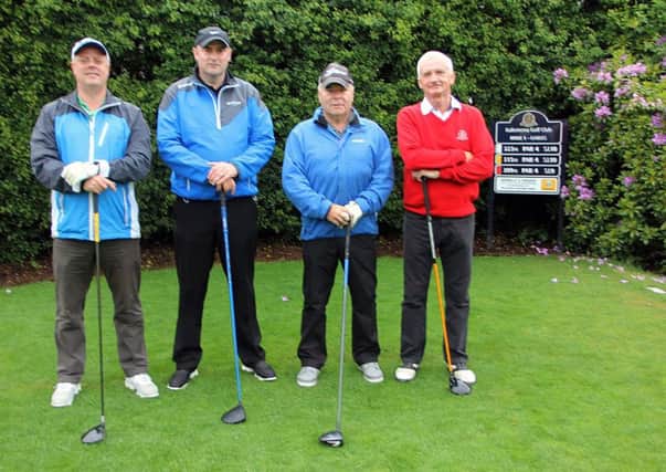Felix McQuillan, Brian Casey, Lawrence Kerr and Paul Rodgers on the first tee at Ballymena Golf Club.