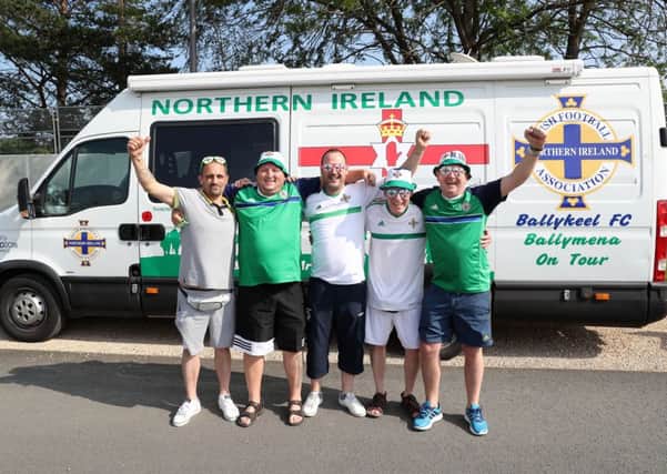 Northern Ireland fans Eddie McCullough, George McFall, Ian Thompson, Darren McDonald and Russell Bridget, from Ballykeel, pictured in Georges de Reneins, France ahead of their opening Euro 2016 game against Poland on Sunday. Picture: Press Eye.