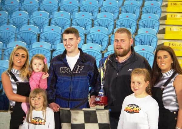 Christopher Kincaid collects the F2 Stock Car Irish Open Trophy from event sponsor Ryan Wright. Picture: David Park.