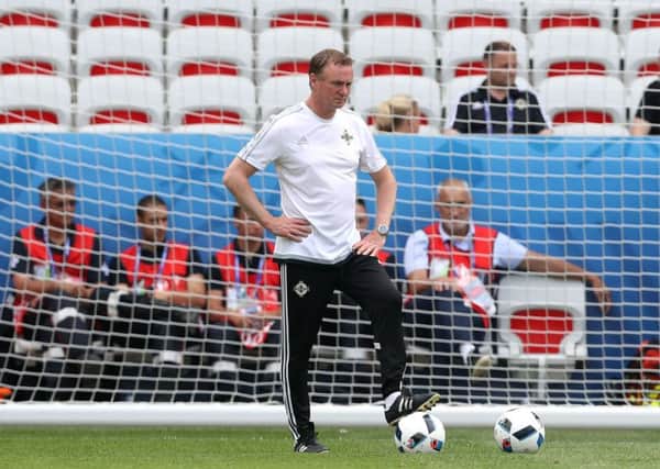 Northern Ireland manager Michael O'Neill pictured at Saturday night's training session at the Stade de Nice ahead of their opening Euro 2016 game against Poland on Sunday. Picture: Press Eye.