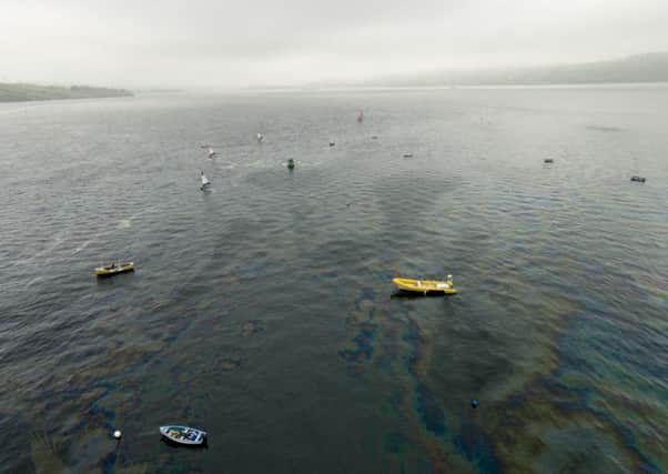 An aerial shot showing the extent of the diesel spillage off the Larne coastline on Saturday.  INLT 25-688-CON
