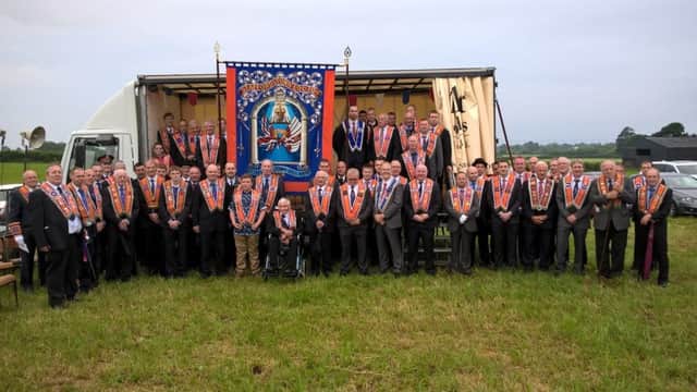 Staffordstown LOL 704 unfurled their new banner at a special ceremony last week. Guest speaker was Lewis Singleton, Deputy Grand Master of Grand Lodge of Ireland.  The banner was dedicated by Rev. Trevor McNeill.  Miss Ellie Richardson, presented Mrs Maudie Murray with scissors who unfurled the banner.  Visiting Brethren from Counties Antrim, Londonderry and Down were in attendance to support.