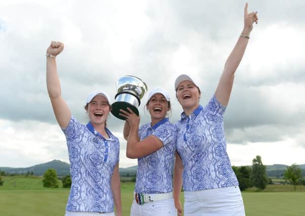 Celebration time for Scarva's Olivia Mehaffey (right) thanks to Curtis Cup glory. Leona Maguire (left) and Maria Dunne joined Mehaffey as home players on the Great Britain and Ireland squad in County Wicklow against USA. Pic by Matt Browne/Sportsfile.
