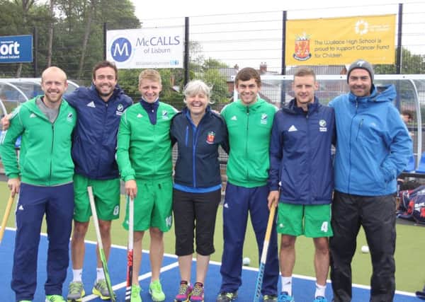 Wallace hockey coaches Maggie Hunter and Gareth Kidd pictured with Irish international players Eugene Magee, Chris Cargo, Neal Glassey, Matthew Bell and Jonny Bell at the recent #obsessed coaching session at the Lisburn school.