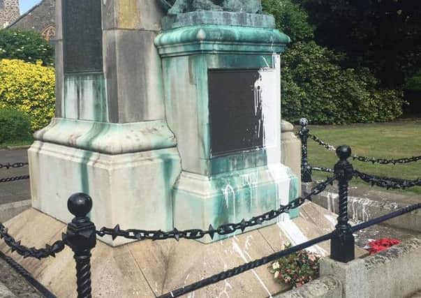 Paint was thrown at the War Memorial in Larne last night.  INLT 25-659-CON