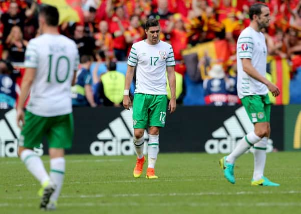 Republic of 
Irelands Stephen Ward dejected after the loss to Belgium