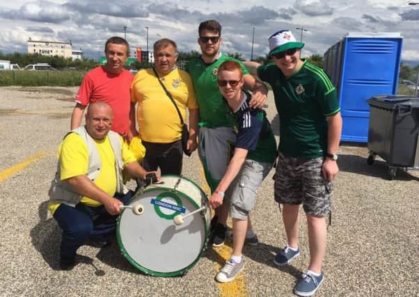 Craig Lutton (Second from right) setting the beat for the Northern Ireland fans in France.
