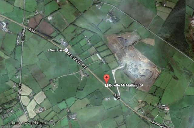 The Tully Quarry site is revealed on a search of Google Earth. It is off the Moorfields Road leading to Glenwherry and Larne.