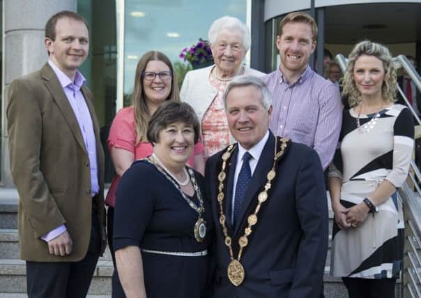 Mayor, Councillor Brian Bloomfield, MBE and Mayoress, Mrs Rosalind Bloomfield with family members (l-r) are Graham Cordner, Clare Cordner, Mrs Molly Craig, Jonathan Bloomfield and Katie Bloomfield.