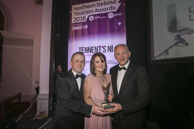 Pictured receiving the Customer Service Excellence award is Bushmills Inn Hotel and Restaurant is Alan Walls, Kelly Neill, Jeff Tosh,Tennent's NI
(Brian Morrison Photography). inbm27-16s