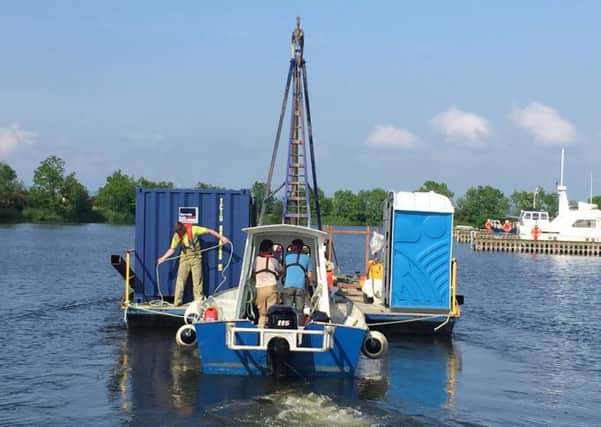 Floating drilling rig taking taking samples up to 20m below the bed of Lough Neagh