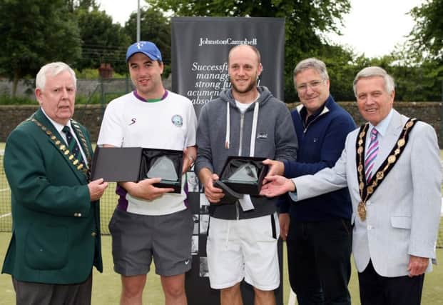 Winners of the Mens Doubles: Ross McCarey and Ed Seator.L-R: George Stevenson President Tennis Ireland, Ross McCarey, Ed Seator, Graham Glover of Johnson Campbell Financial Services and Mayor Brian Bloomfield MBE.Picture by Freddie Parkinson/Press Eye