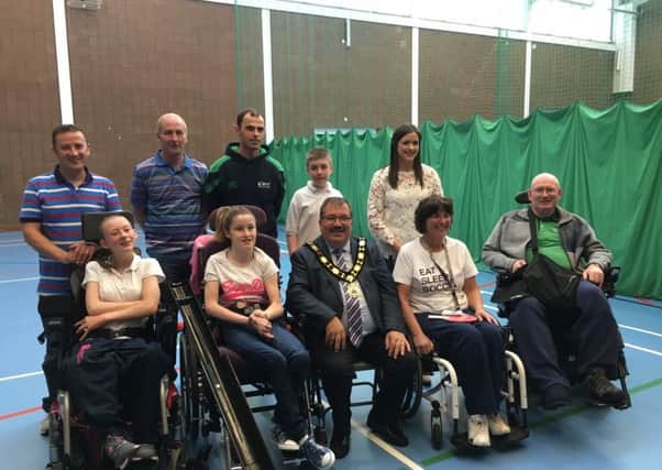 Mayor of Antrim and Newtownabbey, Cllr John Scott, pictured with boccia players at the Sixmile Leisure Centre. INNT 26-804CON