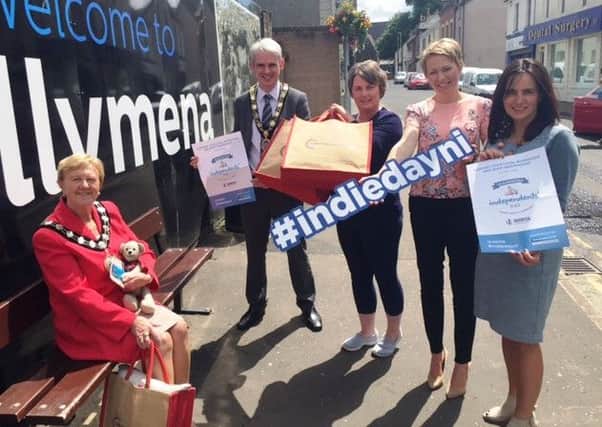 Mayor Cllr. Audrey Wales MBE with Ballymena Bear, Ronan McCann (Chamber President), Melanie Christie-Boyle (Ballymena Business Centre), Jan Young (Bank of Ireland) and Alison Moore (Ballymena BID). Image submitted.