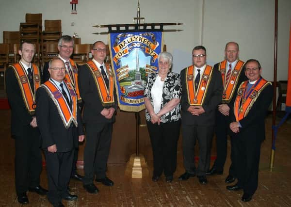 The platform party at Saturday's unfurling of a new bannerette by Ballykeel LOL 472 dedicated to the members of the lodge who were killed in the 1914-1918 war. Lodge officers were joined by the Rev. Bro. Alatair Smyth and Bro. Tom Elliott MP for the ceremony. INBT 26F Banner 1