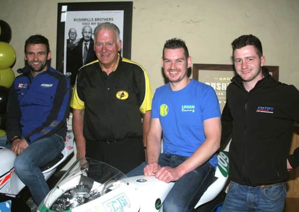 William Dunlop, Neil Kernohan and Adam McLean pictured with Bill Kennedy at the Armoy launch last week. Picture: Roy Adams.
