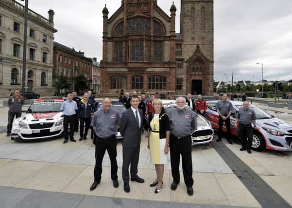 Gary Milligan Clerk of the Course, John Mulholland sponsor, the Mayor of Derry and Strabane Alderman Hilary McClintock and Robert Harkness President of Northern Ireland Motor Club Ltd pictured at the launch of the Ulster Rally in Guildhall Square.