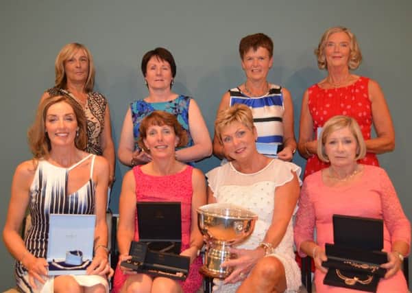 Mrs Avril Gallaghers Presidents Day Prize Winners at Foyle Golf Club. Back row from left to right: Faye McGrotty (gross, longest drive), Sadie OKane (nearest pin), Lorna Thompson (front 9), Vice Captain Florence Rankin (committee prize). Front row from left to right: Lady Captain Monica Smith (third), Anne Hamilton (winner), Lady President Avril Gallagher, Maureen Sheerin (runner-up).