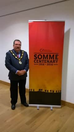 Mayor of Antrim and Newtownabbey, Councillor John Scott launches the Somme light up.