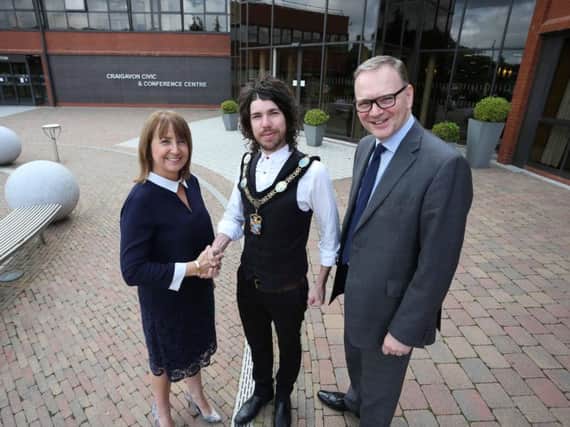 Lord Mayor of Armagh City, Banbridge and Craigavon Borough Council, Councillor Garath Keating with Ann McGregor MBE, Chief Executive, NI Chamber and Roger Wilson, CEO Armagh City, Banbridge and Craigavon Borough Council.