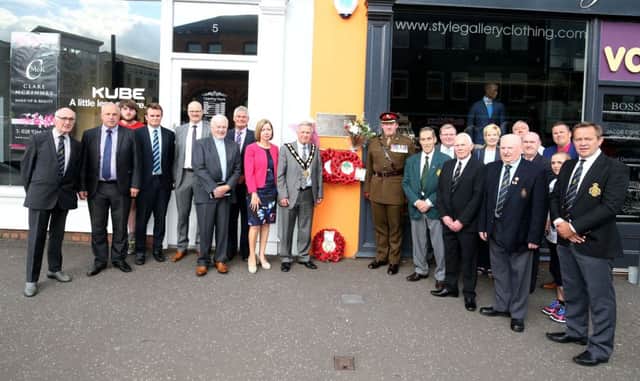 Pictured at the annual wreath laying in Market Place to remember the six soldiers that lost their lives are representatives of Lisburn & Castlereagh City Council, Thiepvall Barracks and the Royal British Legion (Lisburn Branch). INUS Tribute