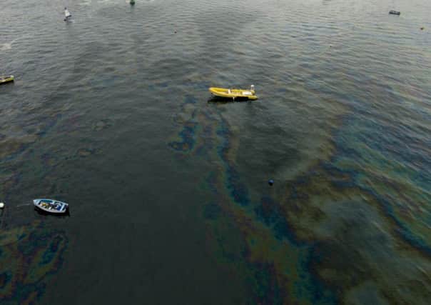 An aerial shot showing the extent of the diesel spillage off the Larne coastline on Saturday.  INLT 25-688-CON