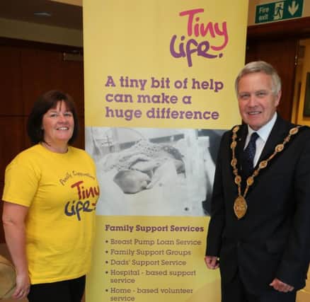 The Mayor, Councillor Brian Bloomfield MBE, launching his Mayoral Charity TinyLife with Valerie Cromie.  TinyLife is based in the Council area and is Northern Ireland's premature and vulnerable baby charity. INUS Tiny Life