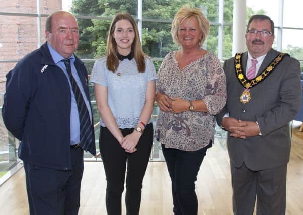 Mayor John Scott with Colin Bell, Kevin Bell Repatriation Trust; Alex Bailie, Help for Heroes and Jo Murphy, Lighthouse Belfast. INNT 27-500CON