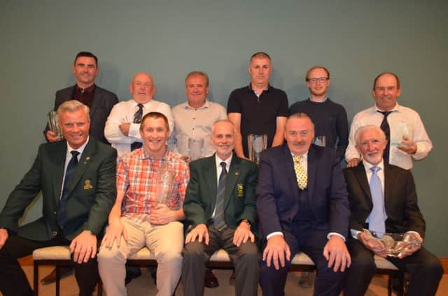 Pictured from Presidents Day prize presentation front row left to right: Captain Emmet McNally; John A Lafferty Winner; President Rob Gallagher, Vice Captain; Martin Campbell Rep; Paul Anderson third and Christy McWilliams Visitor. Back row left to right: Colin Doherty Cat 17+; Maurice Temple Rep; Joe Bradley fourth; Vinny Brady Cat 11-16; Paddy McCafferty Front 9; Mark McKeone Cat 0 -10; Kevin Dunn Rep and Caolan Dunn Juvenile.