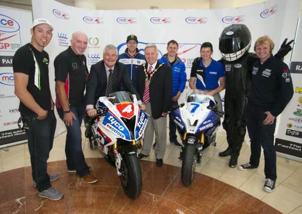 At the official launch of the 2016 MCE Ulster Grand Prix are: (l-r) Peter Hickman; Noel Johnson, Clerk of the Course; Councillor Tim Morrow, Chairman of the Council's Leisure & Community Development Committee; Ian Hutchinson; the Mayor, Councillor Brian Bloomfield MBE; Dean Harrison; Dan Kneen; Big Ed, MCE Insurance mascot and Ivan Lintin.