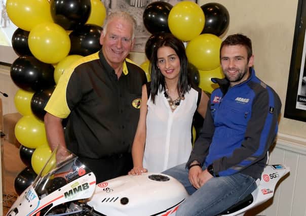 600 Supersport race sponsor First4Printing: Laura Whiteside from First4Printing, Coleraine, pictured with Bill Kennedy, Clerk of the Course and William Dunlop at the launch of the Armoy Road Races.