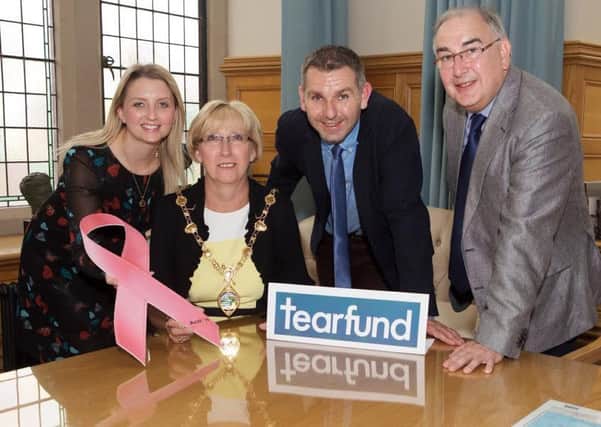 Mayor of Derry City and Strabane District Alderman Hilary McClintock pictured with representatives of her chosen charities. On left is Gillian Thomson, Action Cancer, and, from right, Alan Rowan, local branch, Tear Fund, and Tim Magowan, director, Tear Fund.