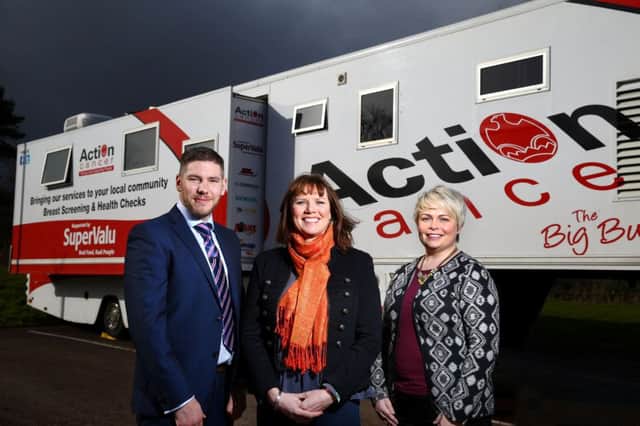 Action Cancer patron Nuala McKeever, centre, joins Sean Conlon from the charity and SuperValu Marketing Manager Donna Morrison, to announce the Big Bus visit to Patsy Trolan Golf Day on 7th July.