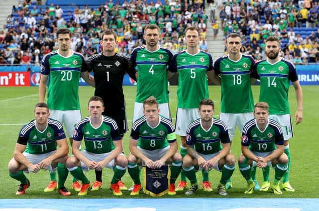 The Northern Ireland team before their Euro 2016 game against Ukraine at the Stade de Lyon, France. Photo by William Cherry