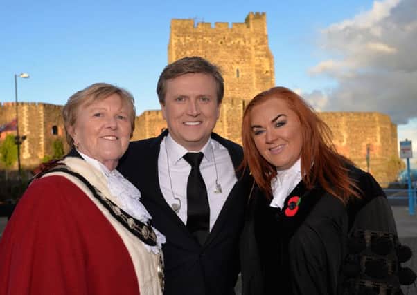 Mayor of Mid and East Antrim Borough, Councillor Audrey Wales MBE, Aled Jones and Chief Executive Anne Donaghy at the Battle of the Somme Centenary Festival of Remembrance held in the shadow of Carrickfergus Castle to an audience of 4000 people. Organised by Mid and East Antrim Borough Council. Pic: Paul McCambridge