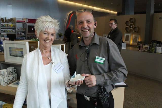 Maggie Duffin from North Coast Ceramics pictured with Bob Kane, Retail Manager at the Giants Causeway.