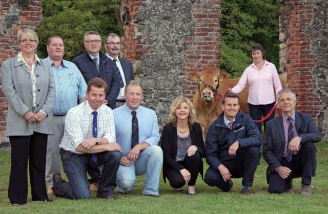 Antrim Show cattle sponsors, from left: Angela Callan, Bank of Ireland; George Stirling, Stirling Frames; Michael Graham, John Thompson and Sons; Tom Clyde. Kneeling, from left: Gary Henderson, AI Services (NI) Ltd; Eamon McGarry, NI Blonde Club; Margaret McQuinston; William Thompson, Bank of Ireland; Andrew Hyde, Hyde Farm Feeds. Looking on with Limousin heifer Joan Gilliland. Picture: Julie Hazelton