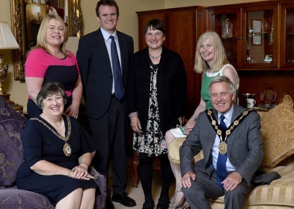 Mayor, Cllr Brian Bloomfield, MBE and Mayoress, Mrs Rosalind Bloomfield with (l-r) Deborah O'Hare, Principal of Wallace High School; Deputy Mayor, Alderman Stephen Martin; Suzanne Higgot, Curator at Wallace Collection, London and Senior Teacher at Wallace High School, Heather Gracey.