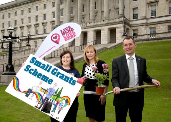 DAERA Minister Michelle McIlveen  launches the Live Here Love Here Small Grants Scheme with Nicola Fitzsimons and Ian Humphreys from Keep Northern Ireland Beautiful. Picture by Press Eye. INLT-27-709-con